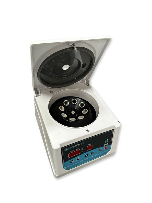 A portable centrifuge machine with a digital display and multiple settings, designed for laboratory use. It is an ideal centrifugation device purchase.
