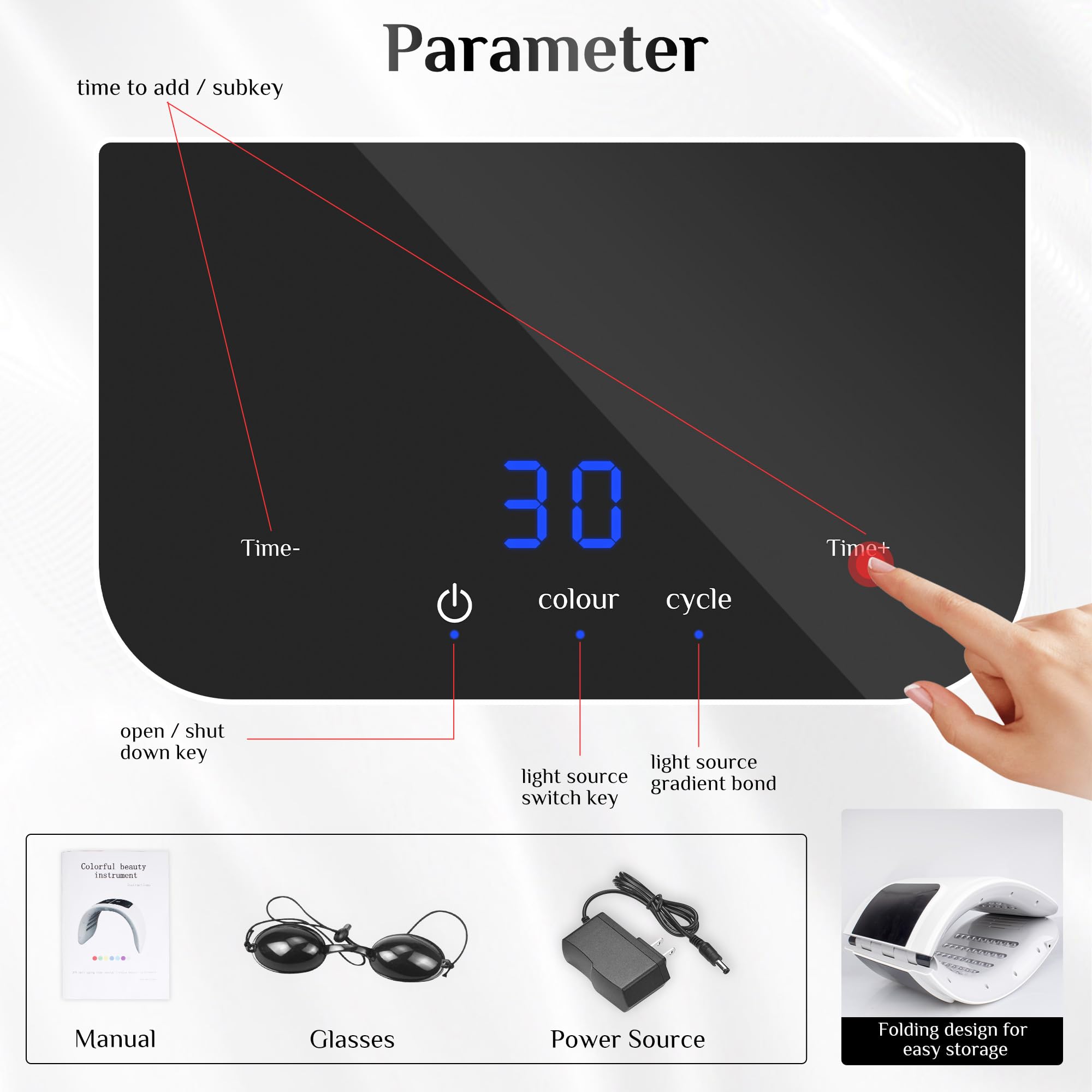 Professional Red Light Therapy Device's parameter and various features explained in the image.