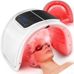 A professional red light therapy device designed for home use, with a user wearing protective glasses while undergoing a facial treatment. The device emits red light from its curved surface.
