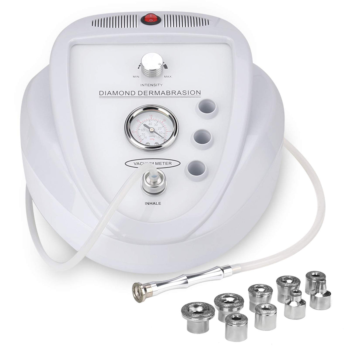 Professional diamond microdermabrasion machine with various diamond heads and a suction hose, predominantly white in color. It is an ideal device purchase.