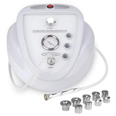 Professional diamond microdermabrasion machine with various diamond heads and a suction hose, predominantly white in color. It is an ideal device purchase.