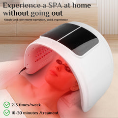 Experience a Spa at home with Professional Red Light Therapy Aesthetic Device. Image shows a user wearing protective glasses while undergoing a facial treatment. 