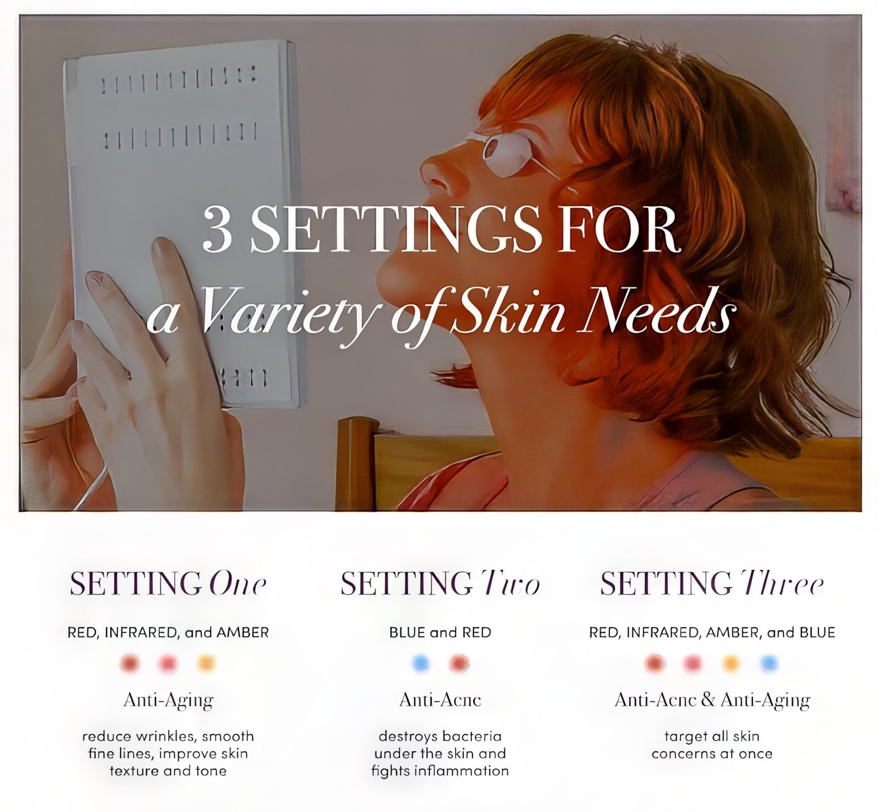 Woman using a light therapy device with text on settings and benefits. It is a ideal red light therapy device purchase. 