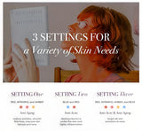 Woman using a light therapy device with text on settings and benefits. It is a ideal red light therapy device purchase. 