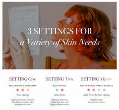 Woman using a light therapy device with text on settings and benefits. It is a ideal red light therapy device purchase. 