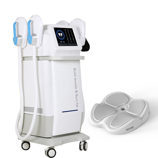 A professional non-invasive body contouring device with a white finish, featuring a main unit with a digital display and multiple handpieces, including a large flat pad for body shaping. It is a great EMS value purchase.