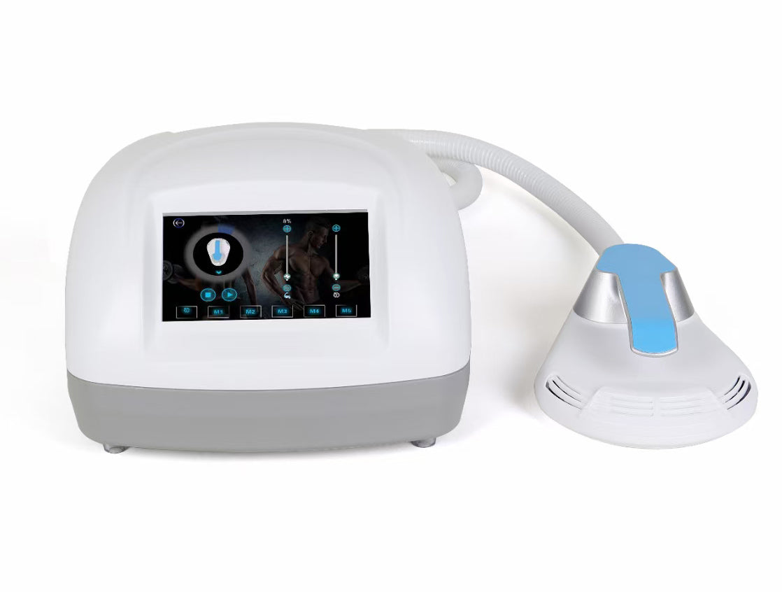 A white Shape Mini body sculpting machine with a digital display and a white-blue handpiece, designed for non-invasive body contouring.