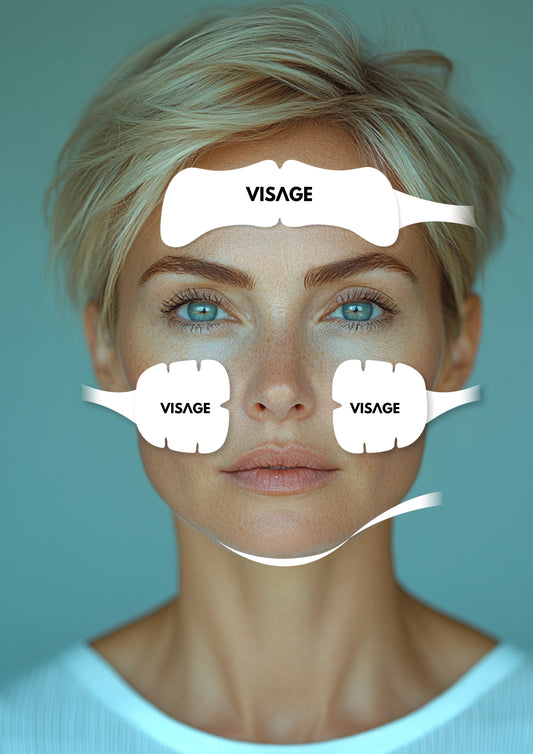Woman with 'Visage' labels on her face. It is a great value laser purchase.   