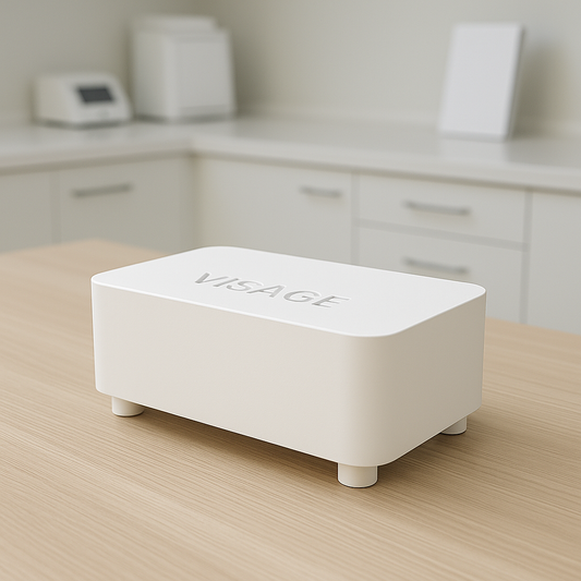 White rectangular device with 'VISAGE' branding on a wooden surface. It is a great value laser purchase. 
