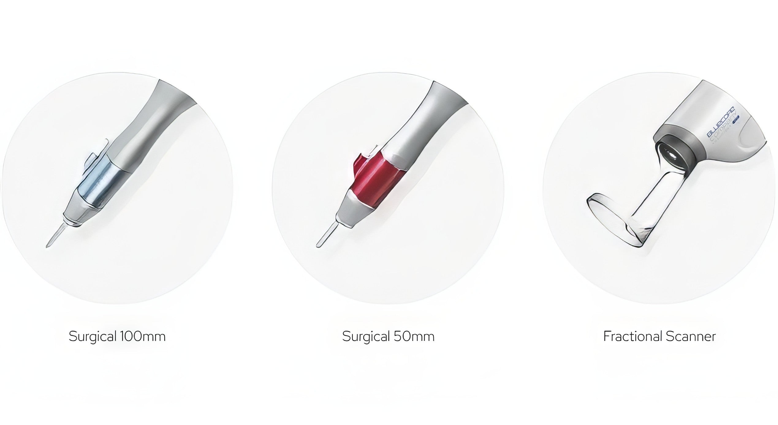 Three medical devices labeled 'Surgical 100mm', 'Surgical 50mm', and 'Fractional Scanner' on a white background. It is an ideal device purchase.