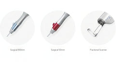 Three medical devices labeled 'Surgical 100mm', 'Surgical 50mm', and 'Fractional Scanner' on a white background. It is an ideal device purchase.