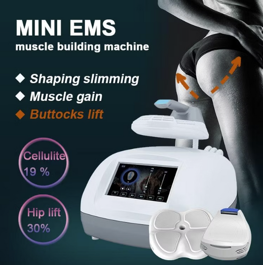 Mini EMS muscle building machine with a person, and about its features. It is a great value laser purchase.